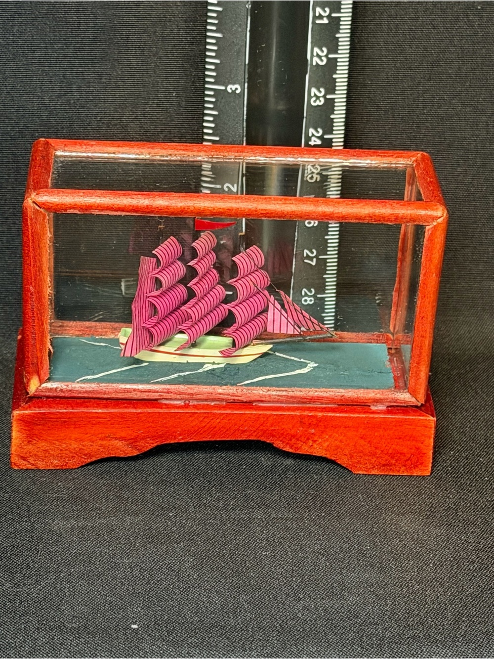 Vintage Miniature Ship in Glass and Wood Display Case Approx. 4.5" Read